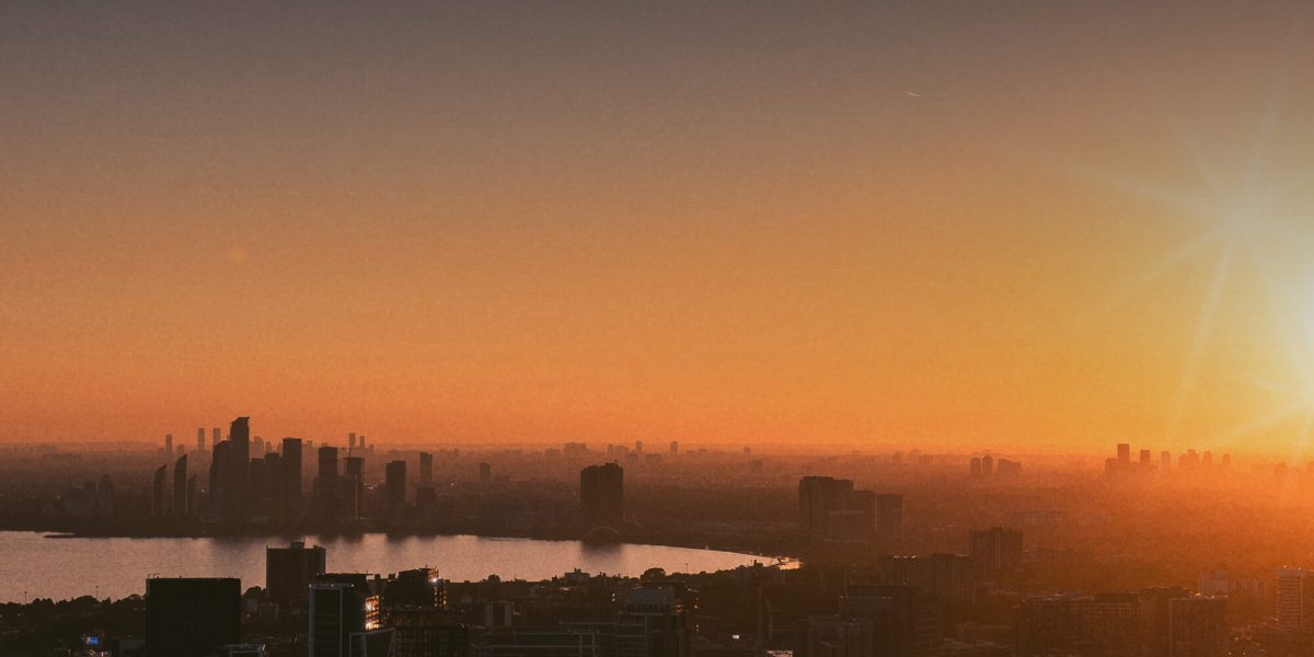 Sunset view of the Toronto skyline from Aera Restaurant in Toronto
